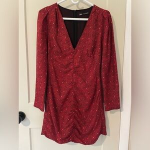 ZARA Long Sleeve Red Patterned V-Neck Mini Dress